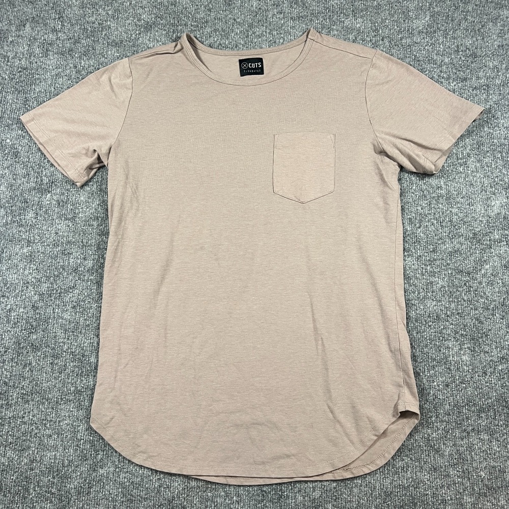Cuts T Shirt Men Large Beige Cotton Stretch Front Chest Pocket Curved Hem Casual